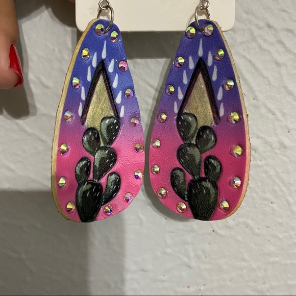 Pink and Purple Leather Earrings with Cactuses - Picture 2 of 2